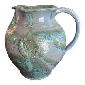 Vtg Studio Pottery Glazed Pitcher W/Handle  Pinched Spout Artist Signed 8" Tall